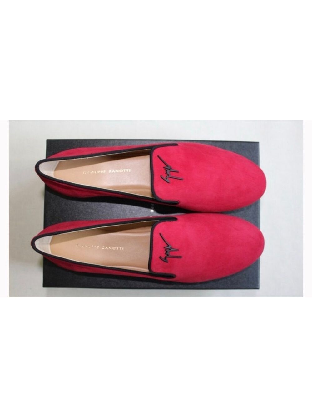 New Giuseppe Zanotti Red Suede Loafers with Black Trim Size 5
